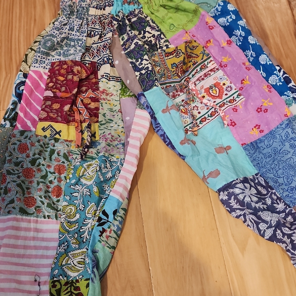 Casual Blue and Green Patchwork Pants with Elastic Waist - Picture 6 of 6